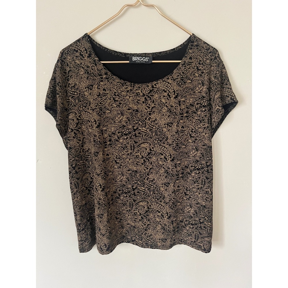Briggs New York Metallic Gold Black Paisley Scoop Neck Top Grunge Goth Y2K L